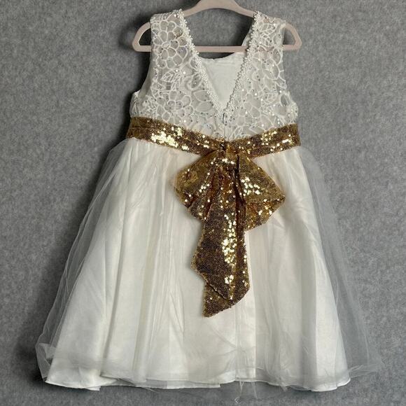 AiLe Rabbit Girls Dress Size 5T NWT Gold Sequin Bow Lace Tulle wedding baptism - Picture 2 of 9